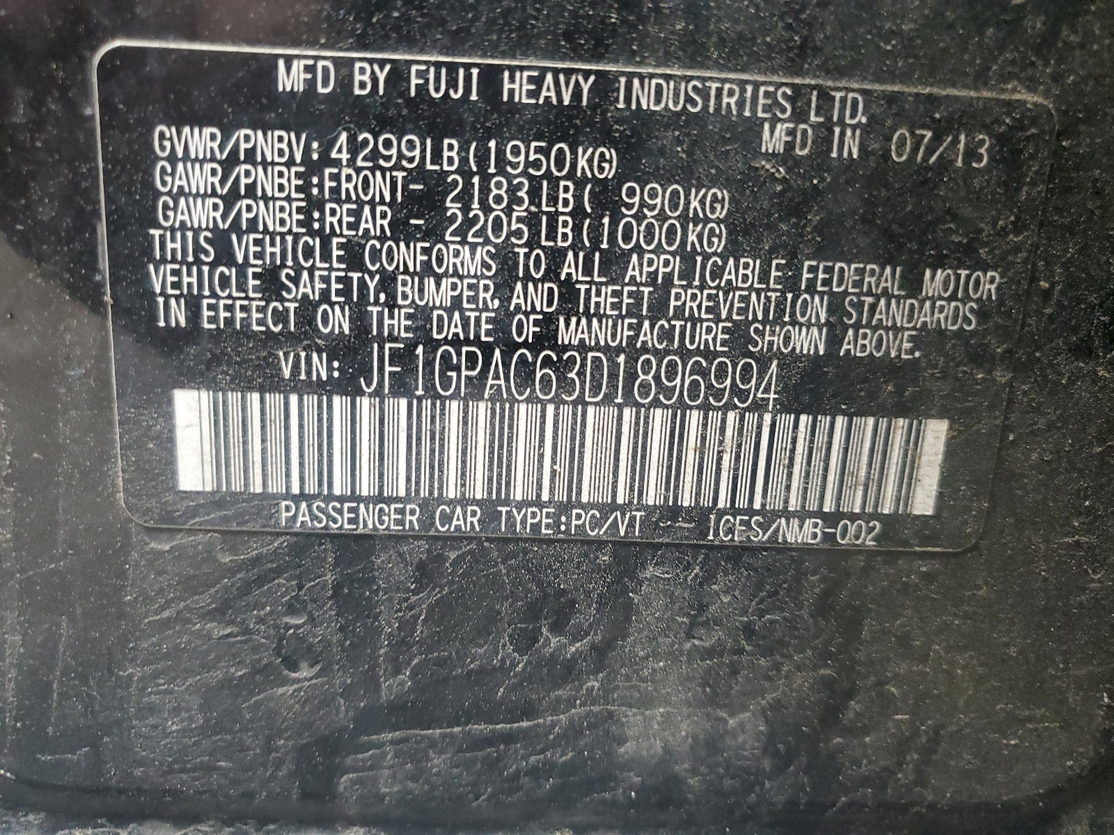 JF1GPAC63D1896994 2013 Subaru Impreza Premium