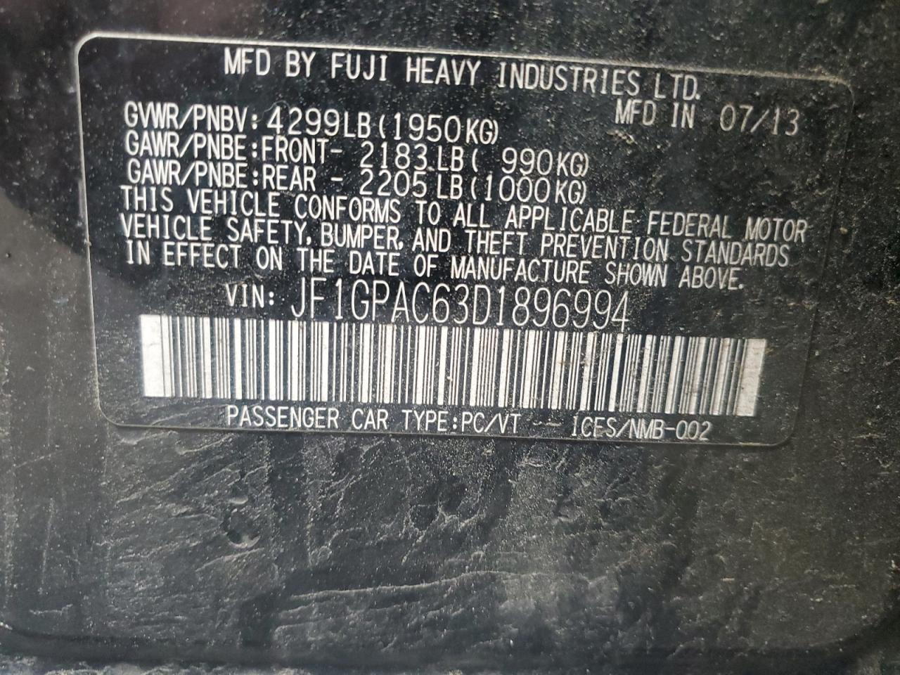 2013 Subaru Impreza Premium VIN: JF1GPAC63D1896994 Lot: 61763244