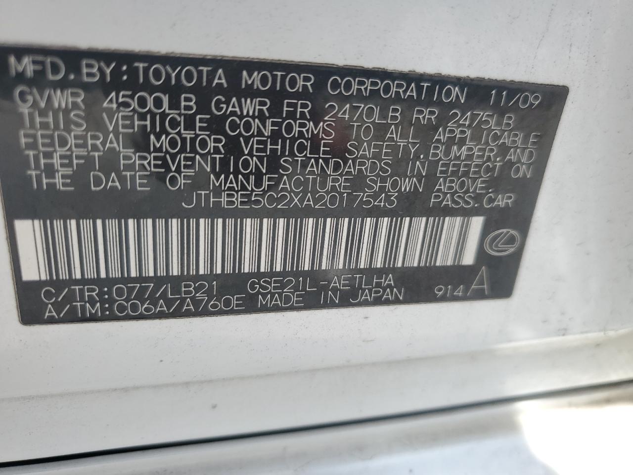 2010 Lexus Is 350 VIN: JTHBE5C2XA2017543 Lot: 63036844