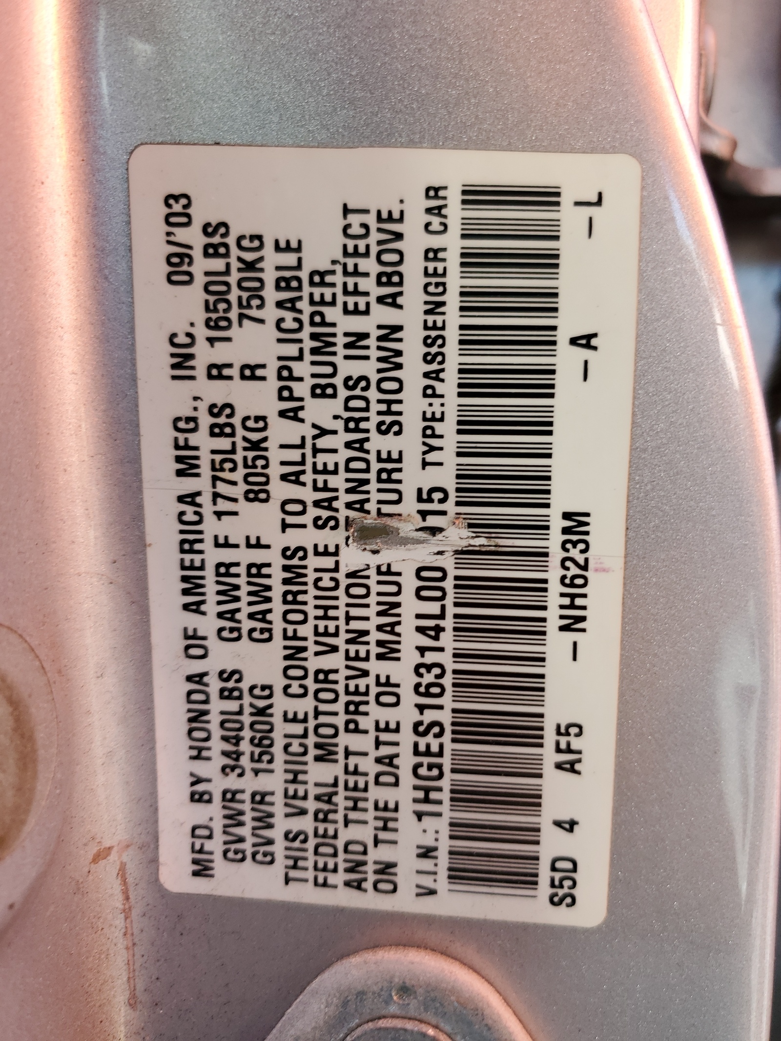 1HGES16314L001915 2004 Honda Civic Dx Vp