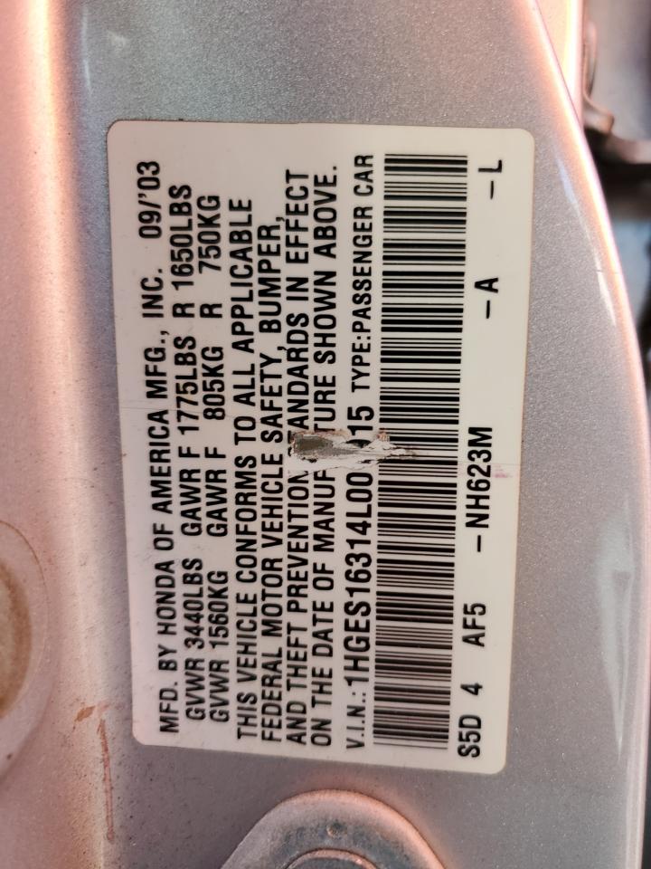 2004 Honda Civic Dx Vp VIN: 1HGES16314L001915 Lot: 65367194