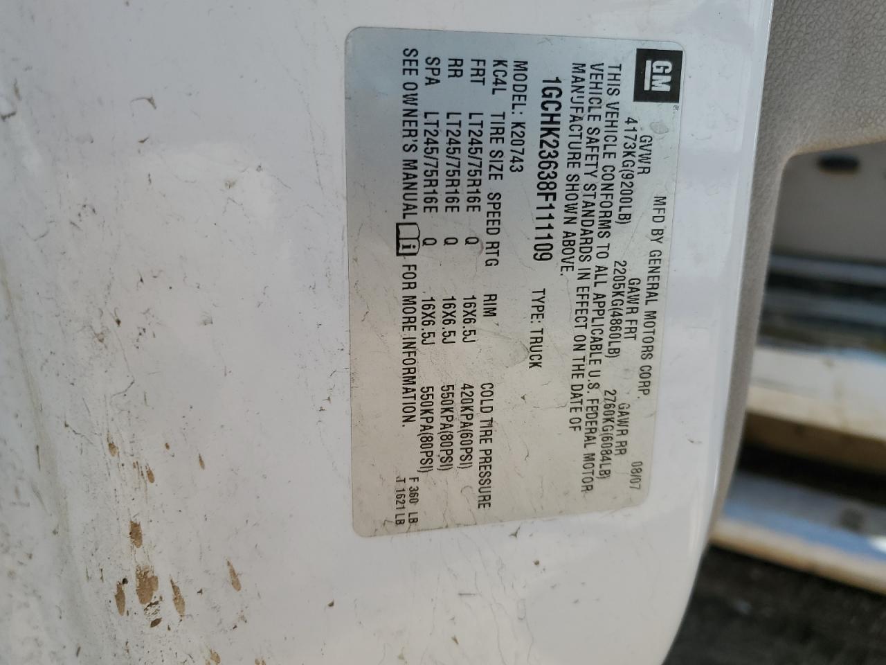 2008 Chevrolet Silverado K2500 Heavy Duty VIN: 1GCHK23638F111109 Lot: 62027944