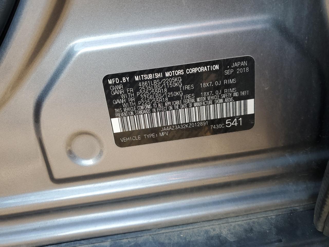 2019 Mitsubishi Outlander Se VIN: JA4AZ3A32KZ012891 Lot: 63807364