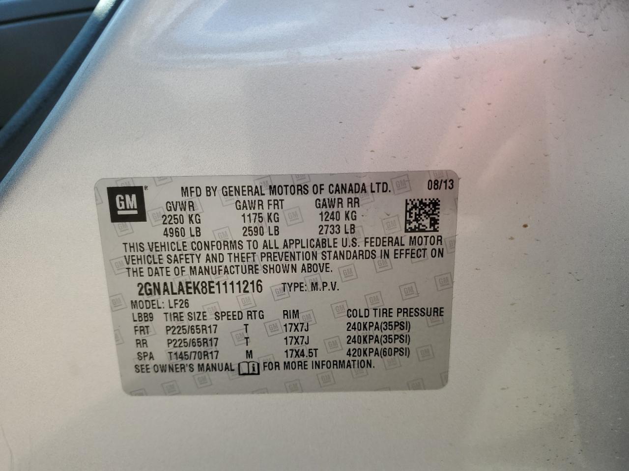 2GNALAEK8E1111216 2014 Chevrolet Equinox Ls