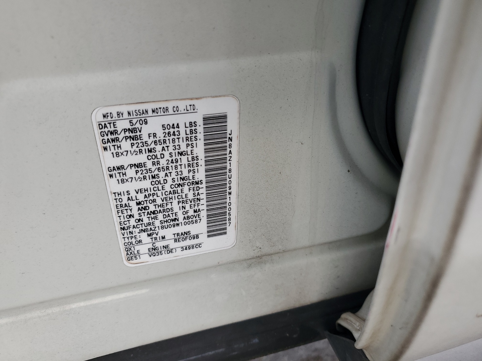 JN8AZ18U09W100587 2009 Nissan Murano S