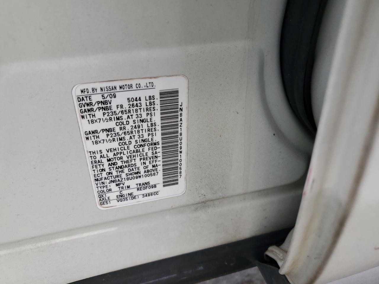 2009 Nissan Murano S VIN: JN8AZ18U09W100587 Lot: 64207224