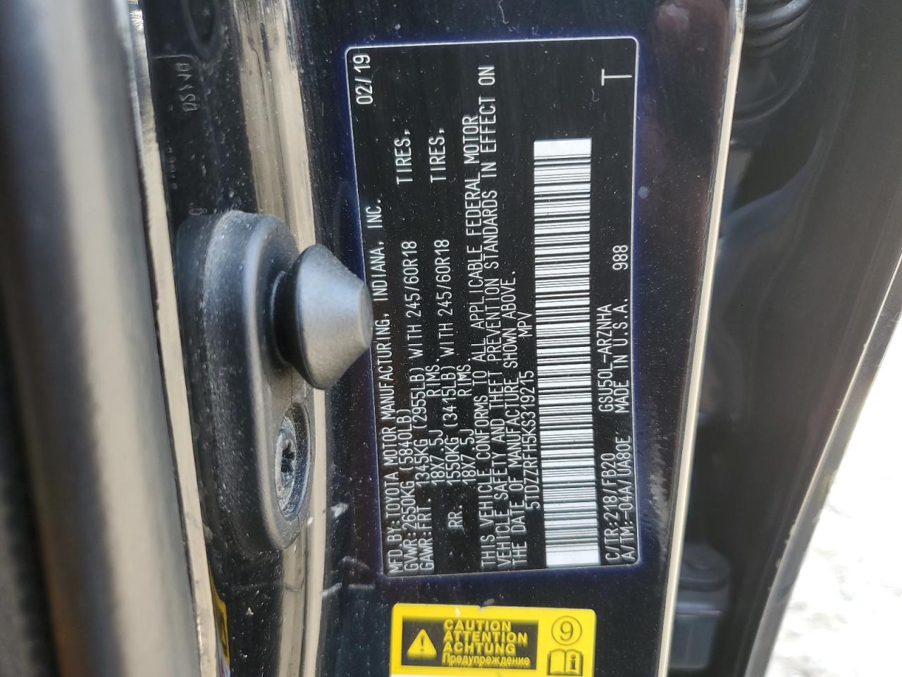 2019 Toyota Highlander Le VIN: 5TDZZRFH5KS319215 Lot: 62398294