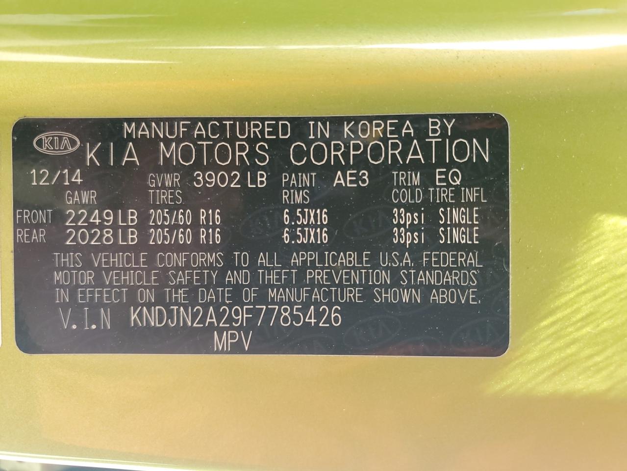 2015 Kia Soul VIN: KNDJN2A29F7785426 Lot: 63509634