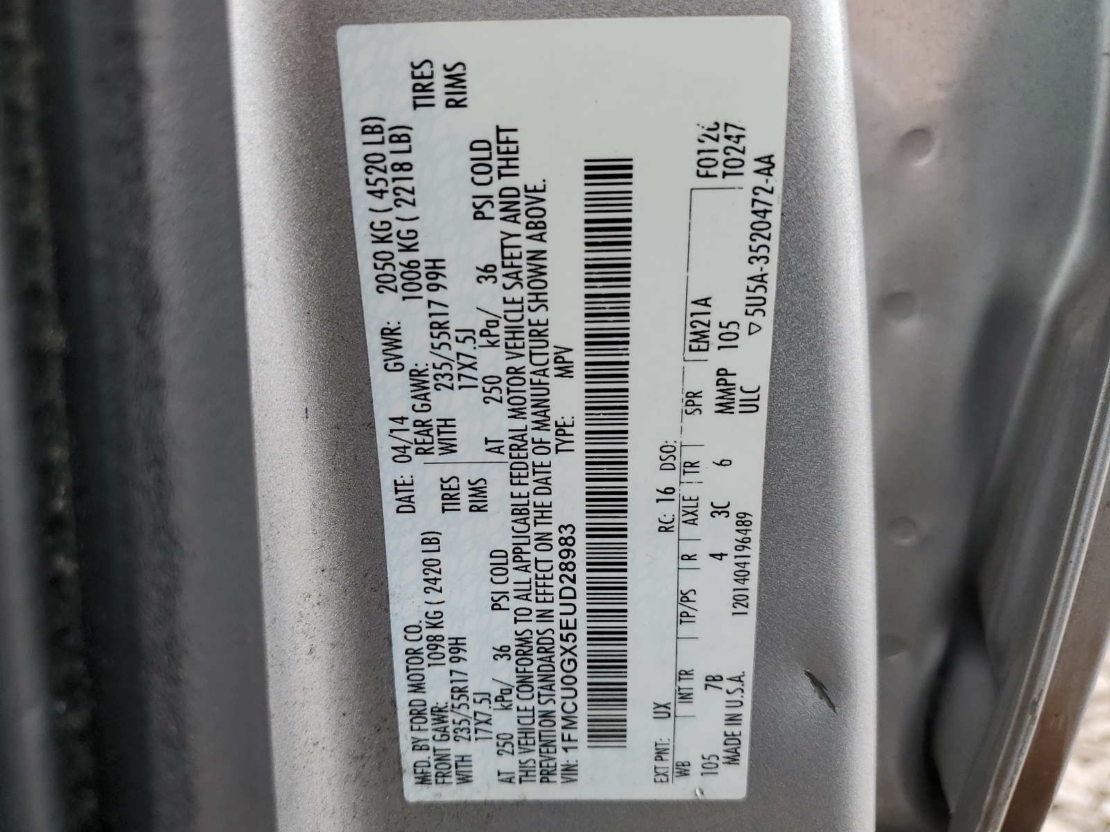 1FMCU0GX5EUD28983 2014 Ford Escape Se