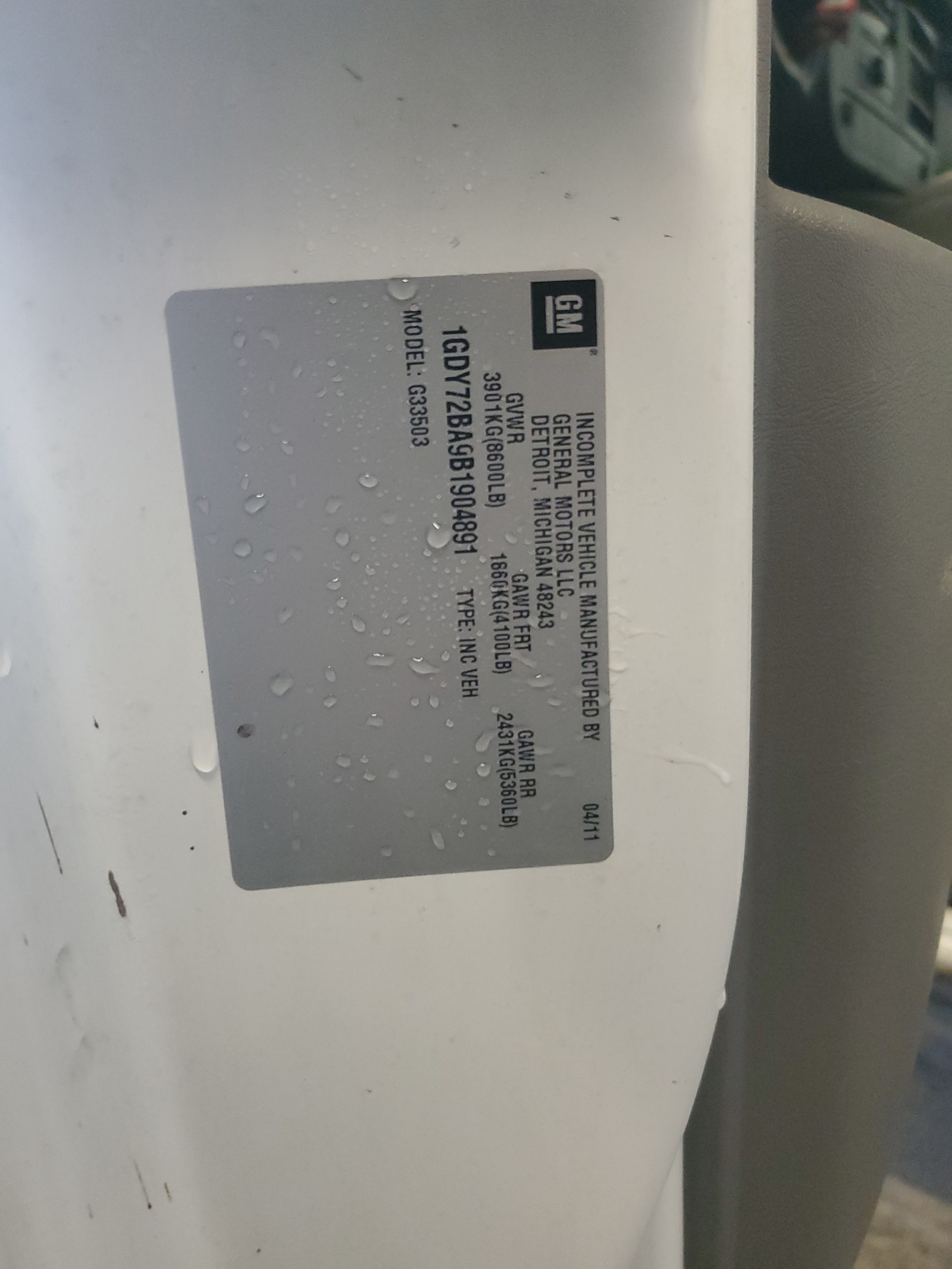 1GDY72BA9B1904891 2011 GMC Savana Cutaway G3500