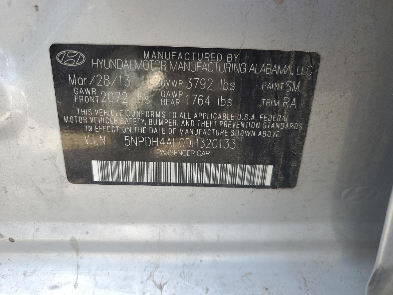 2013 Hyundai Elantra Gls VIN: 5NPDH4AE0DH320133 Lot: 61505084