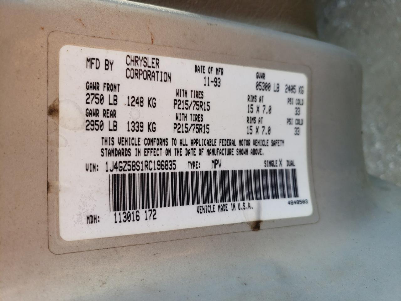 1994 Jeep Grand Cherokee Laredo VIN: 1J4GZ58S1RC196835 Lot: 63111924