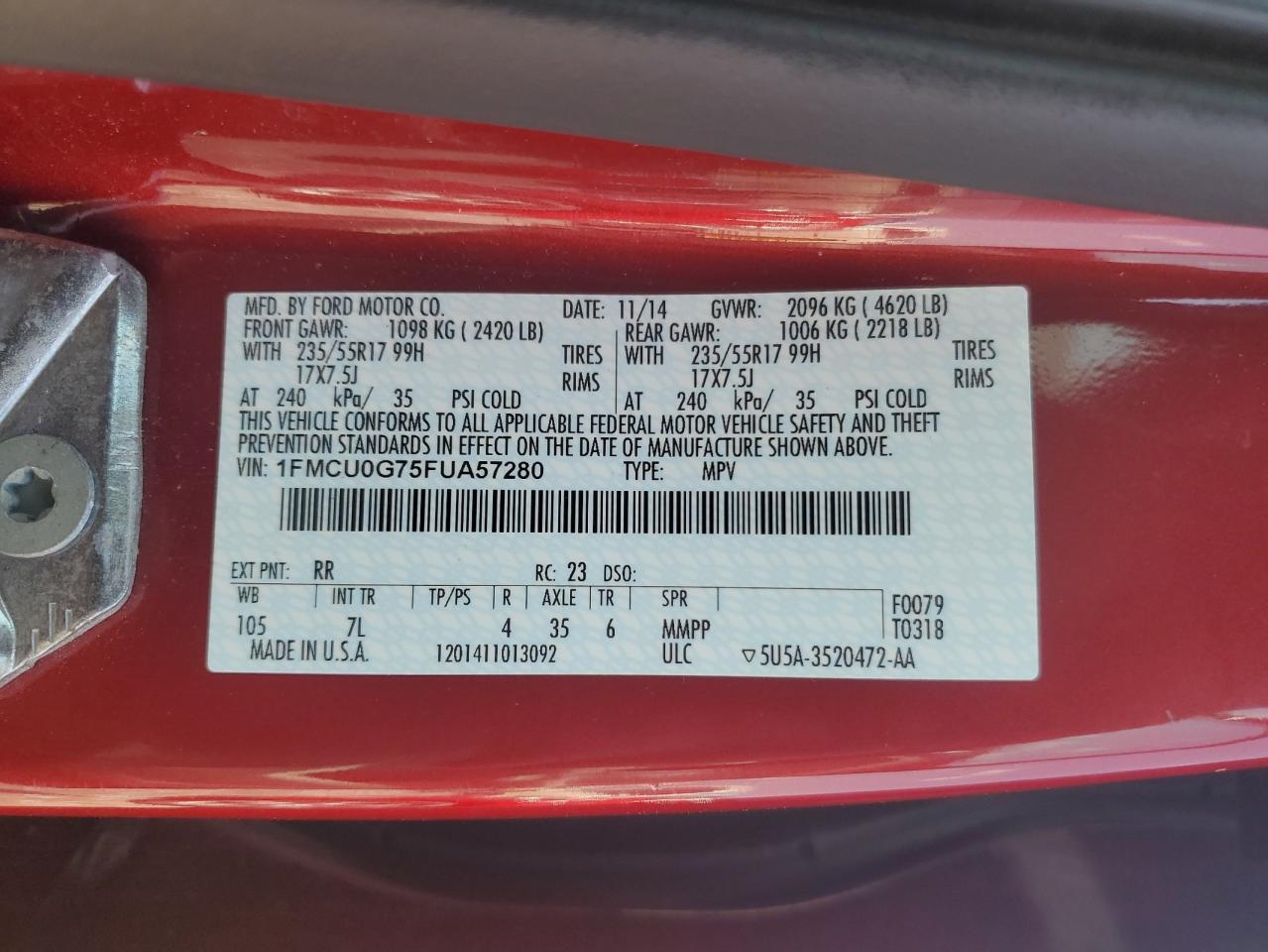 2015 Ford Escape Se VIN: 1FMCU0G75FUA57280 Lot: 64842884