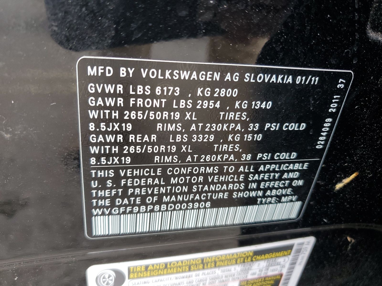 WVGFF9BP8BD003906 2011 Volkswagen Touareg V6