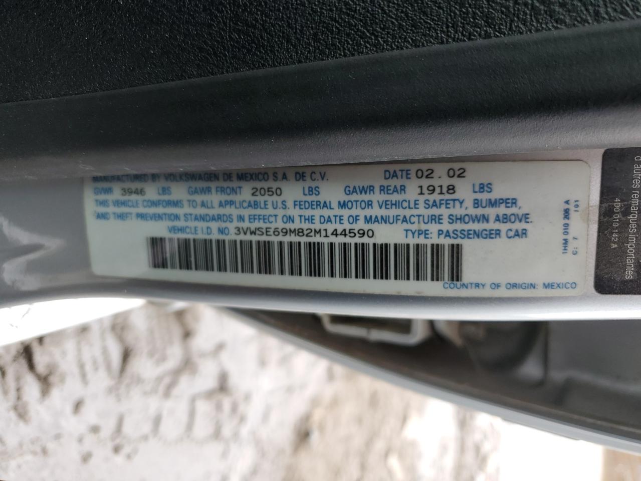 2002 Volkswagen Jetta Gls VIN: 3VWSE69M82M144590 Lot: 64102494