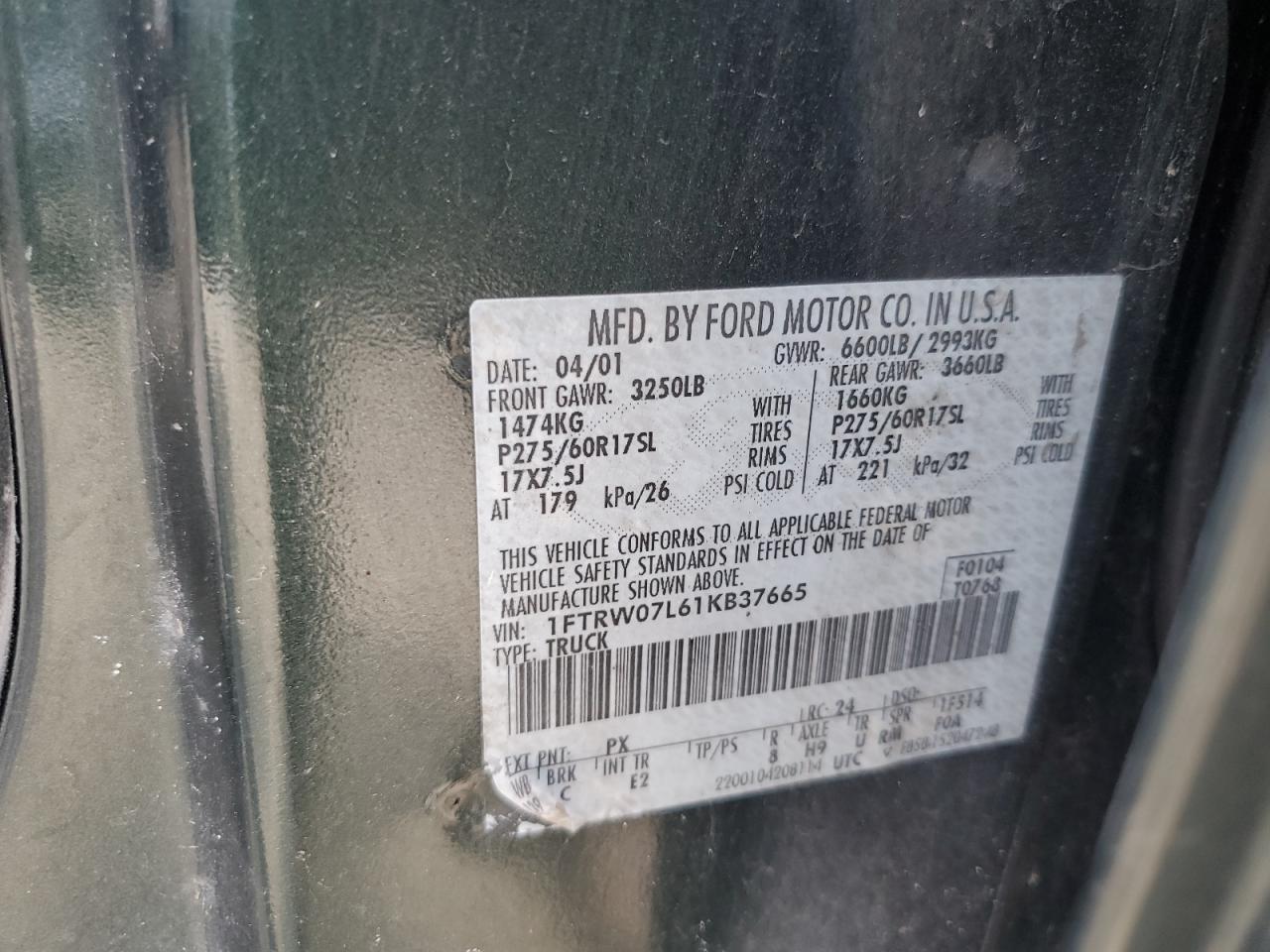 2001 Ford F150 Supercrew VIN: 1FTRW07L61KB37665 Lot: 63803434