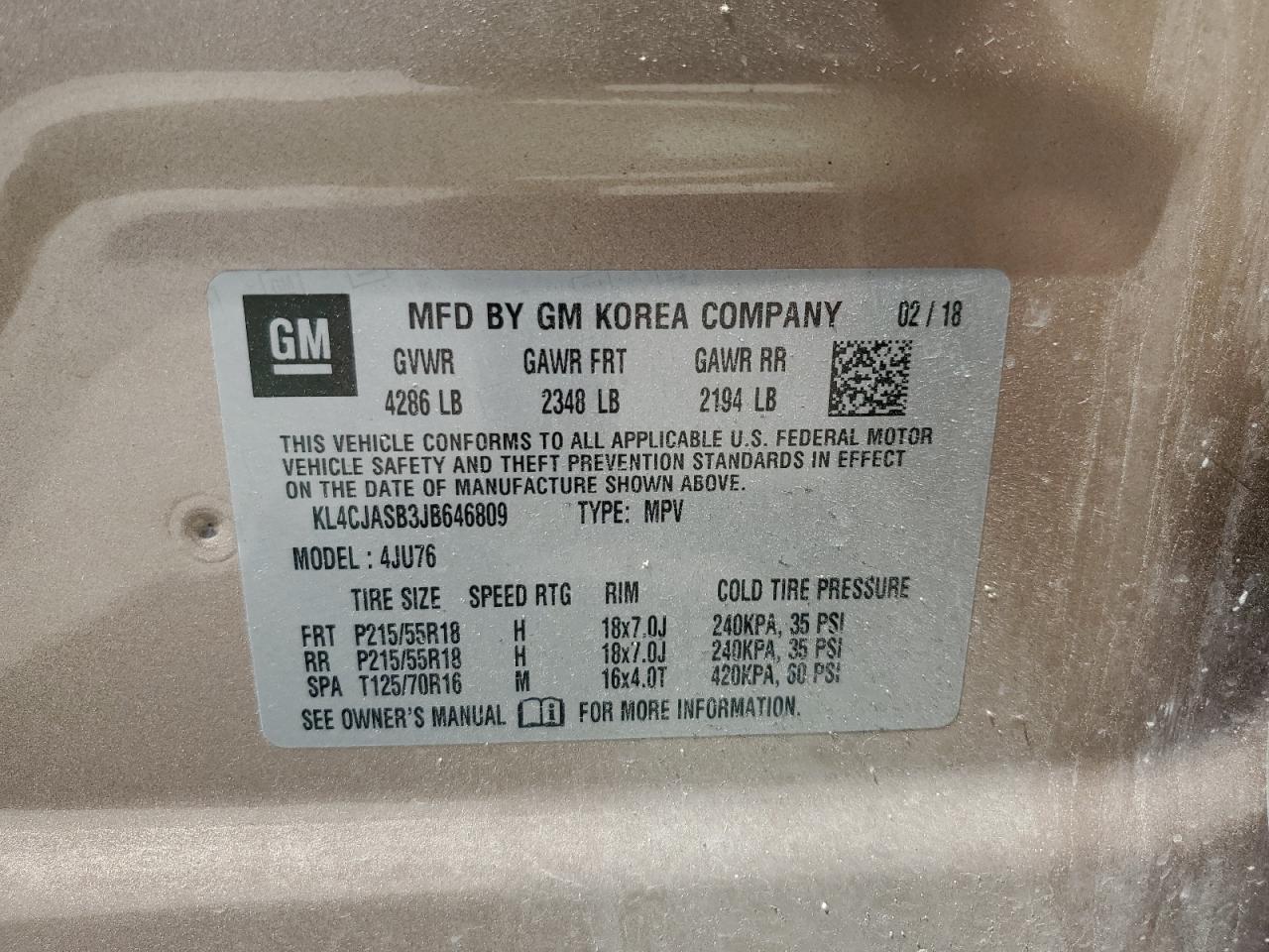 2018 Buick Encore Preferred VIN: KL4CJASB3JB646809 Lot: 63086814