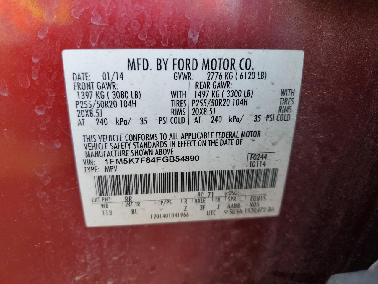 2014 Ford Explorer Limited VIN: 1FM5K7F84EGB54890 Lot: 63141224