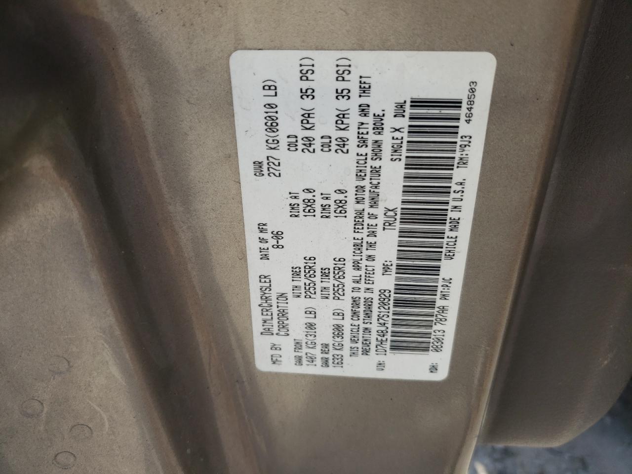 2007 Dodge Dakota Quad Slt VIN: 1D7HE48J47S120929 Lot: 65650494