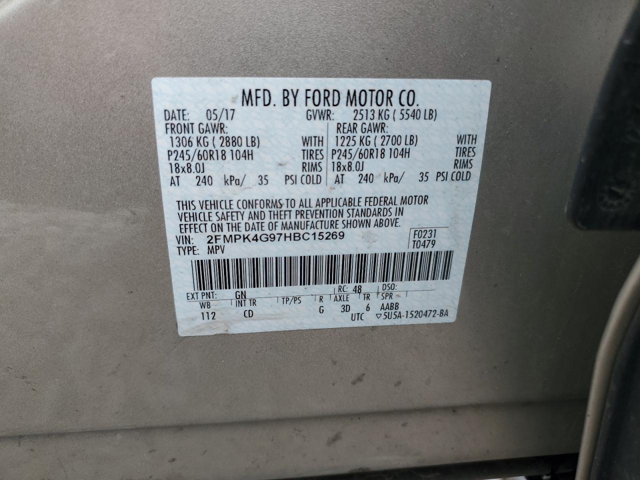 2017 Ford Edge Se VIN: 2FMPK4G97HBC15269 Lot: 61290764