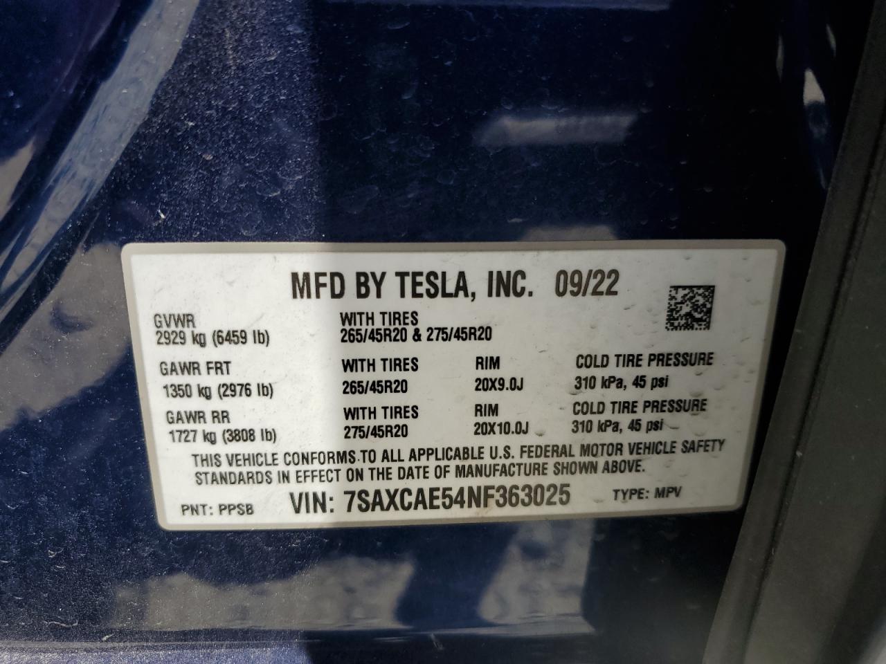 2022 Tesla Model X VIN: 7SAXCAE54NF363025 Lot: 63721044