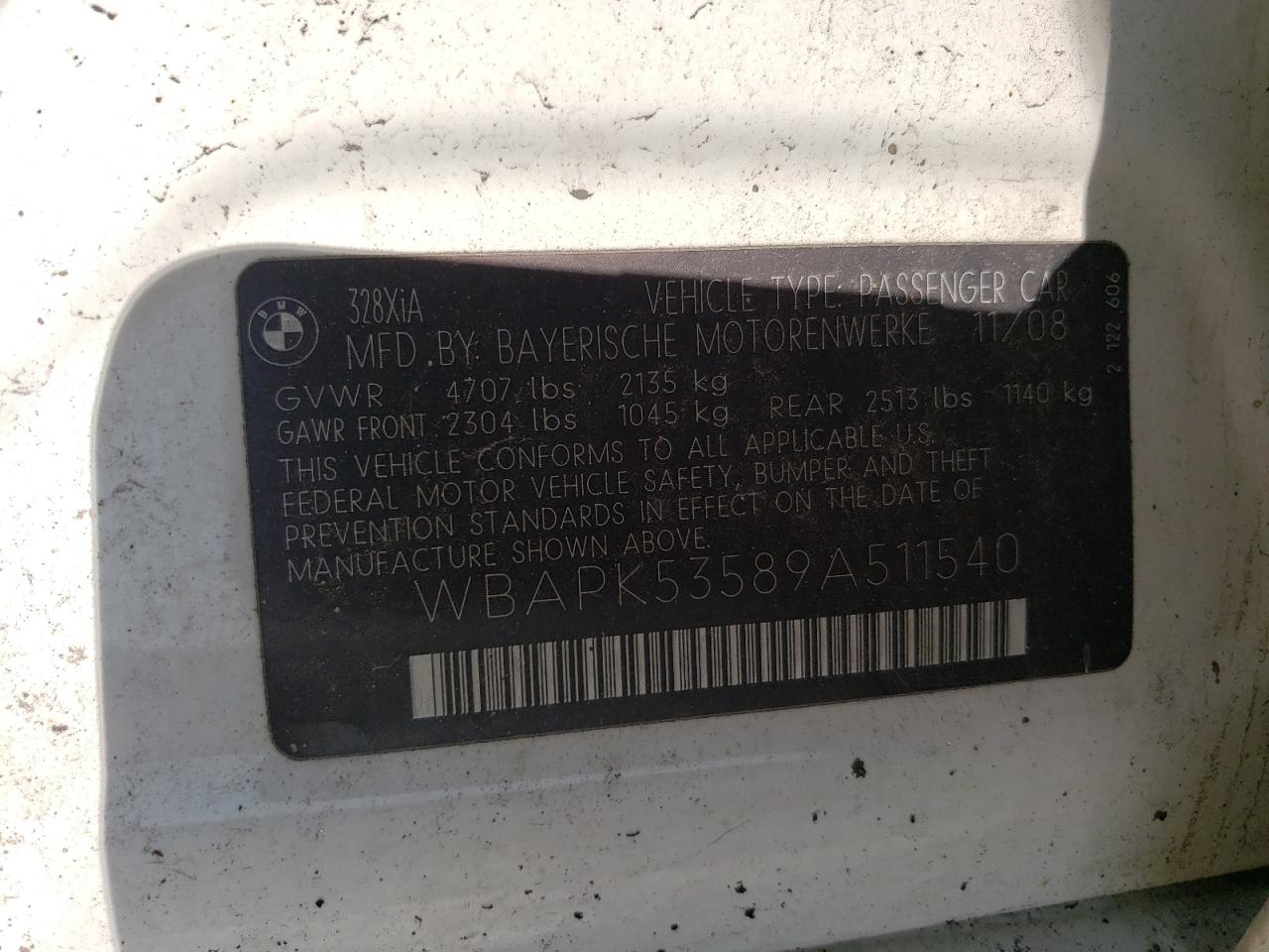 2009 BMW 328 Xi Sulev VIN: WBAPK53589A511540 Lot: 61547774