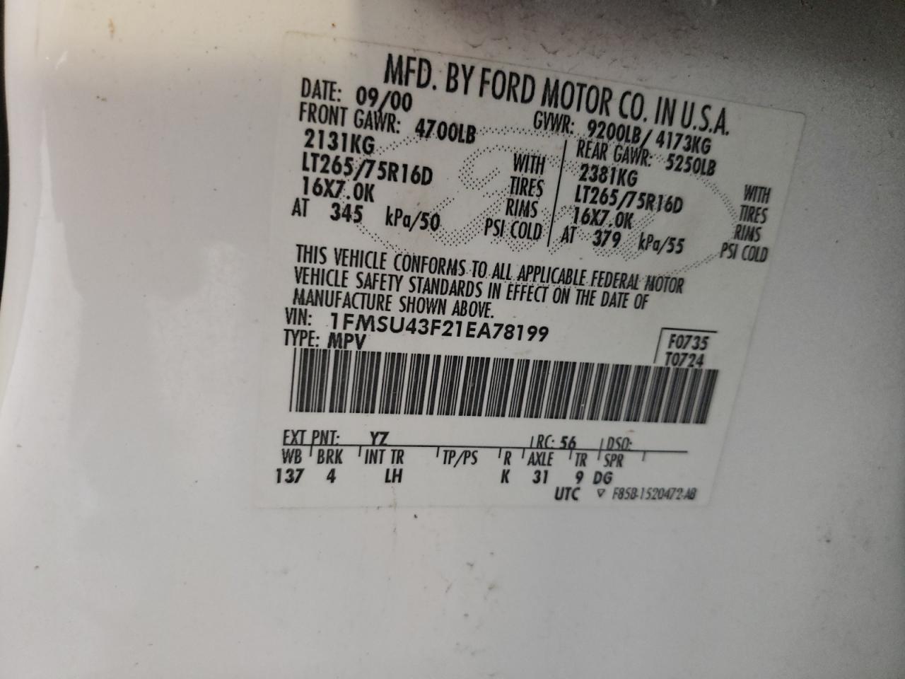 2001 Ford Excursion Limited VIN: 1FMSU43F21EA78199 Lot: 60574284