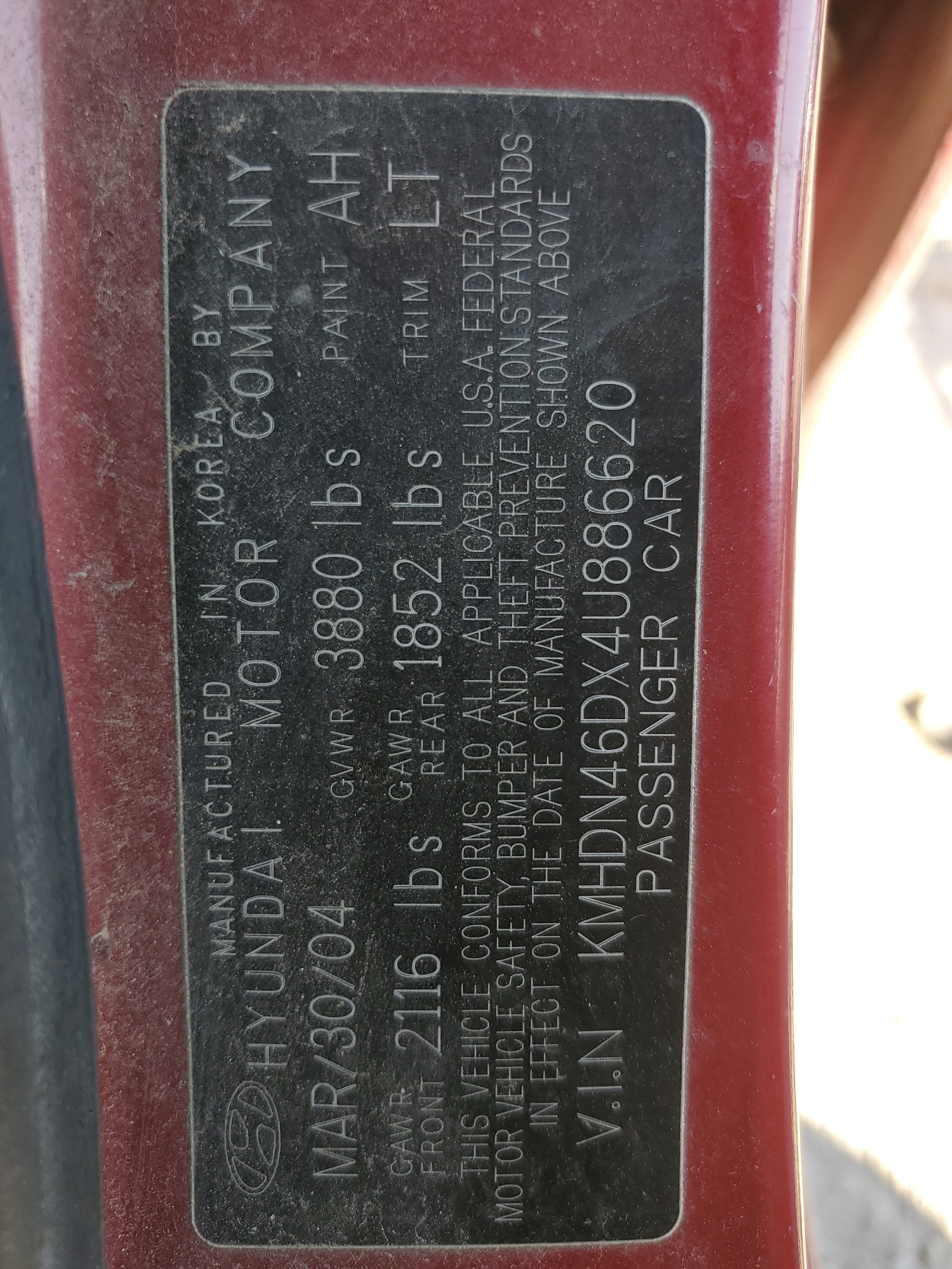 KMHDN46DX4U886620 2004 Hyundai Elantra Gls