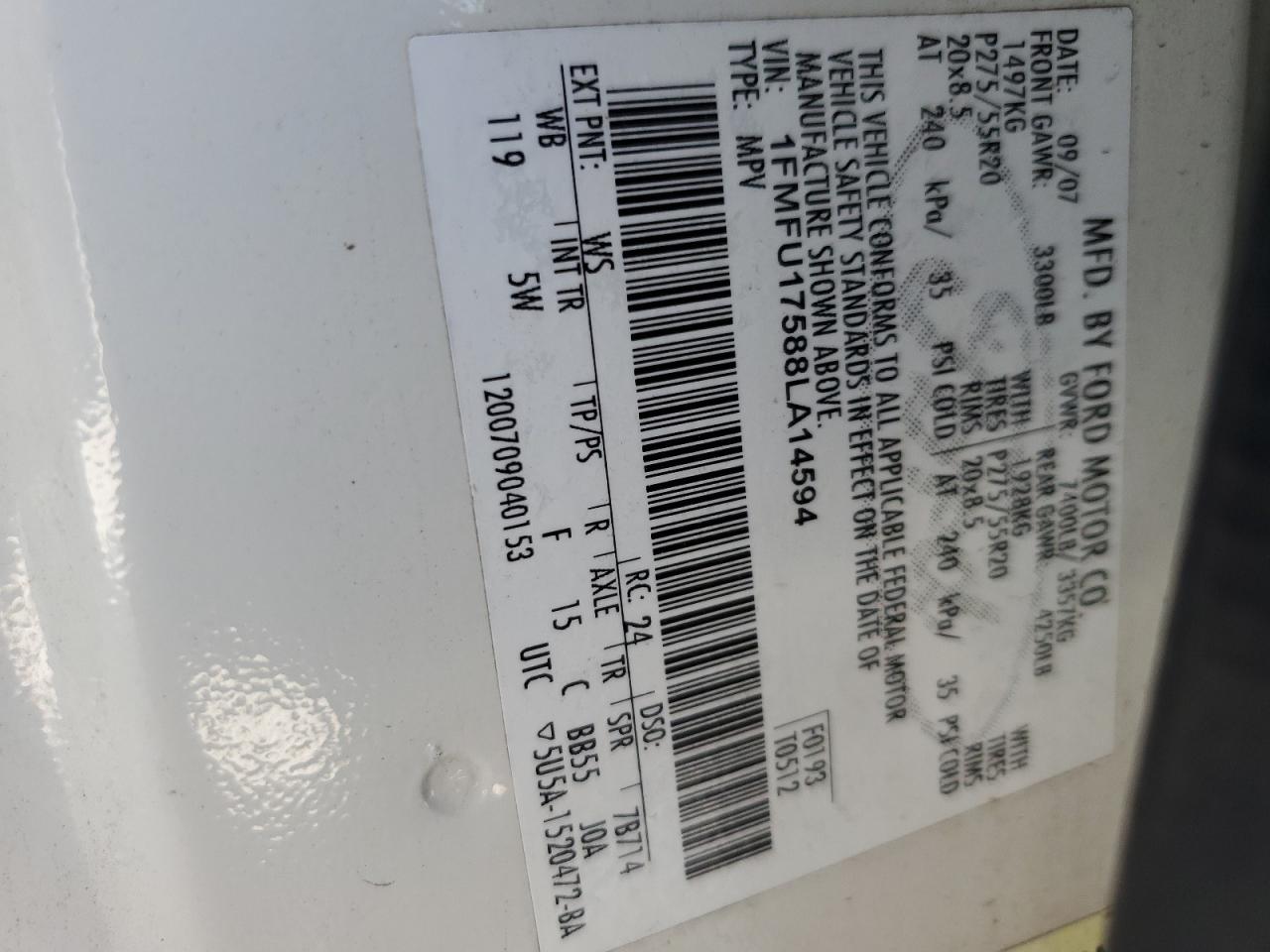 2008 Ford Expedition Eddie Bauer VIN: 1FMFU17588LA14594 Lot: 61209394