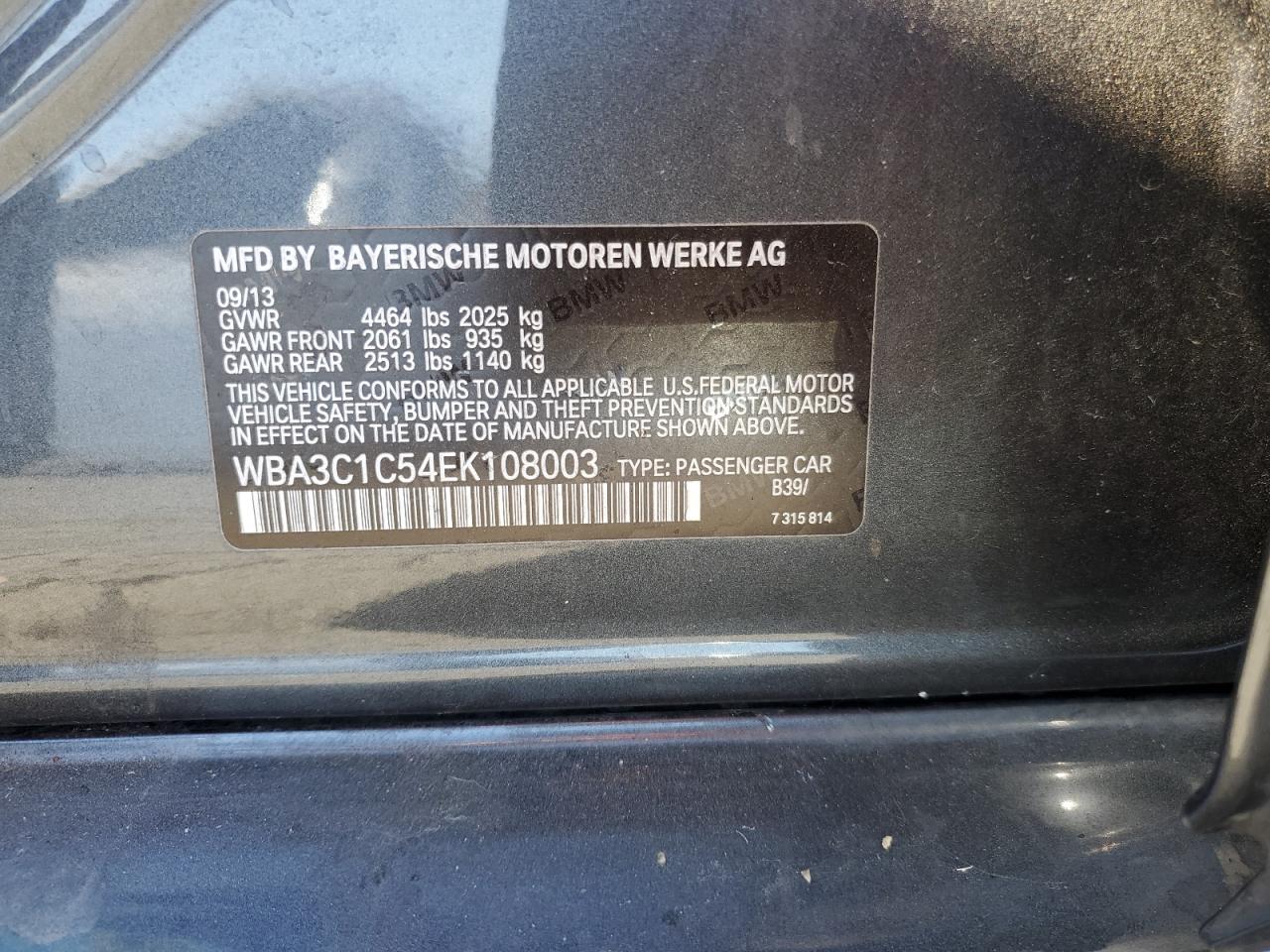 2014 BMW 328 I Sulev VIN: WBA3C1C54EK108003 Lot: 64316834