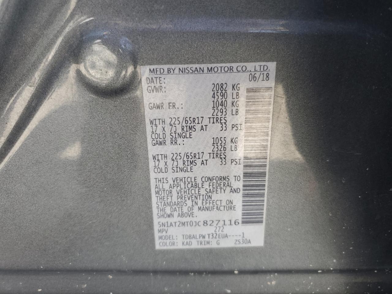 2018 Nissan Rogue S VIN: 5N1AT2MT0JC827116 Lot: 62913704