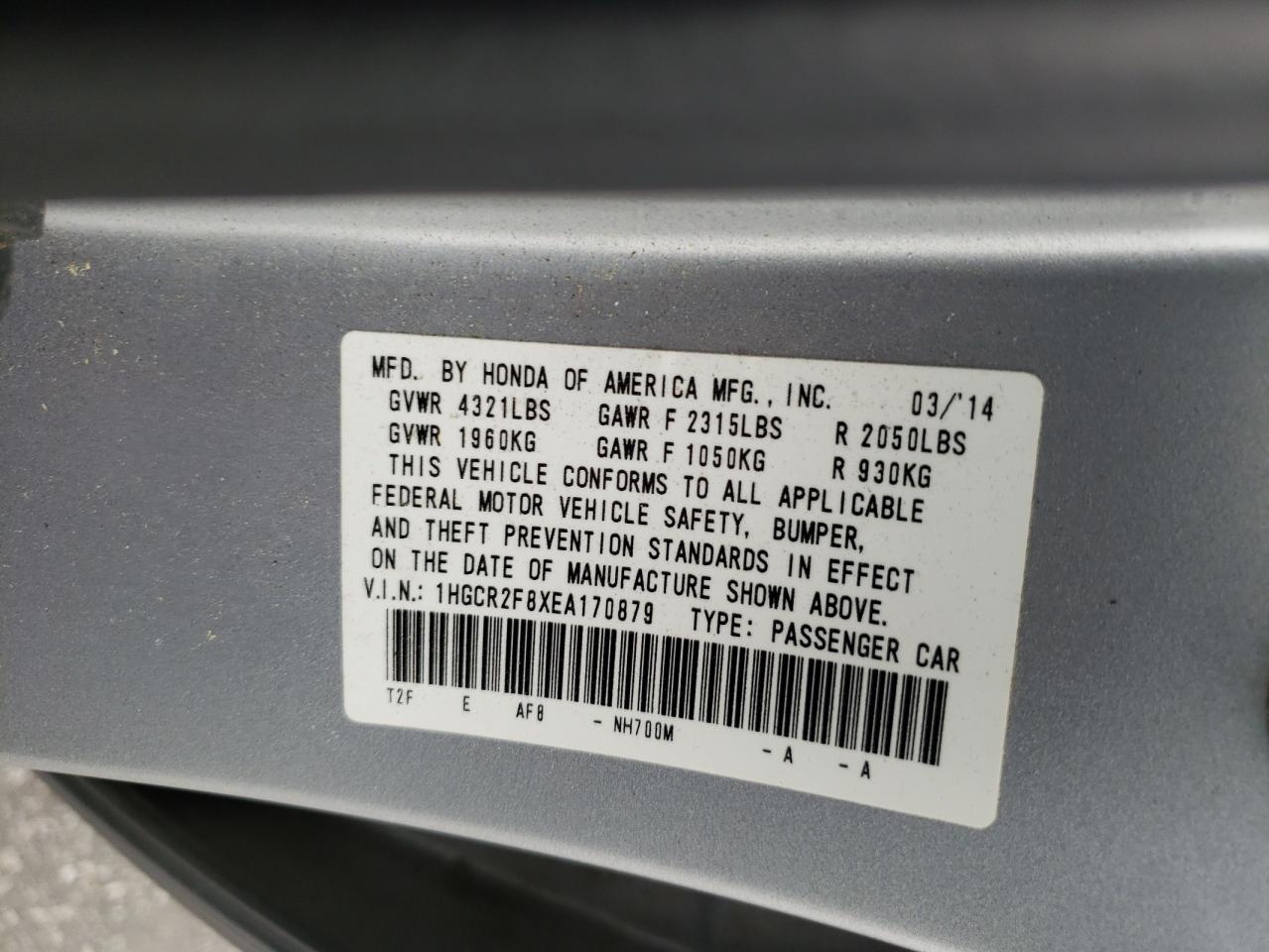 1HGCR2F8XEA170879 2014 Honda Accord Exl