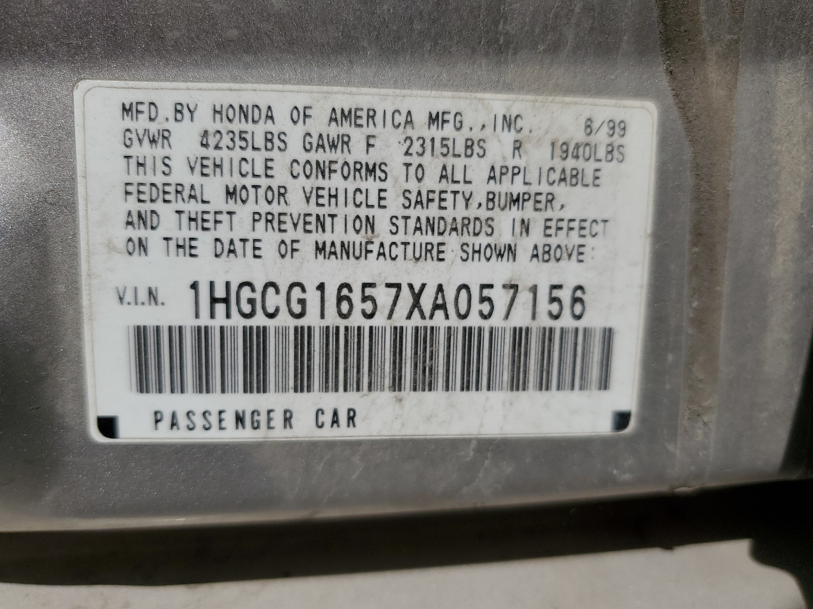 1HGCG1657XA057156 1999 Honda Accord Ex