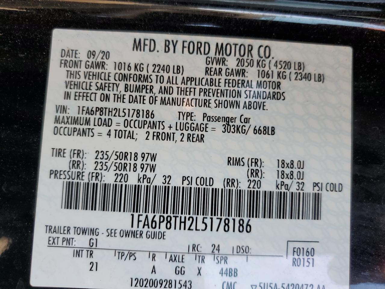 2020 Ford Mustang VIN: 1FA6P8TH2L5178186 Lot: 57656594