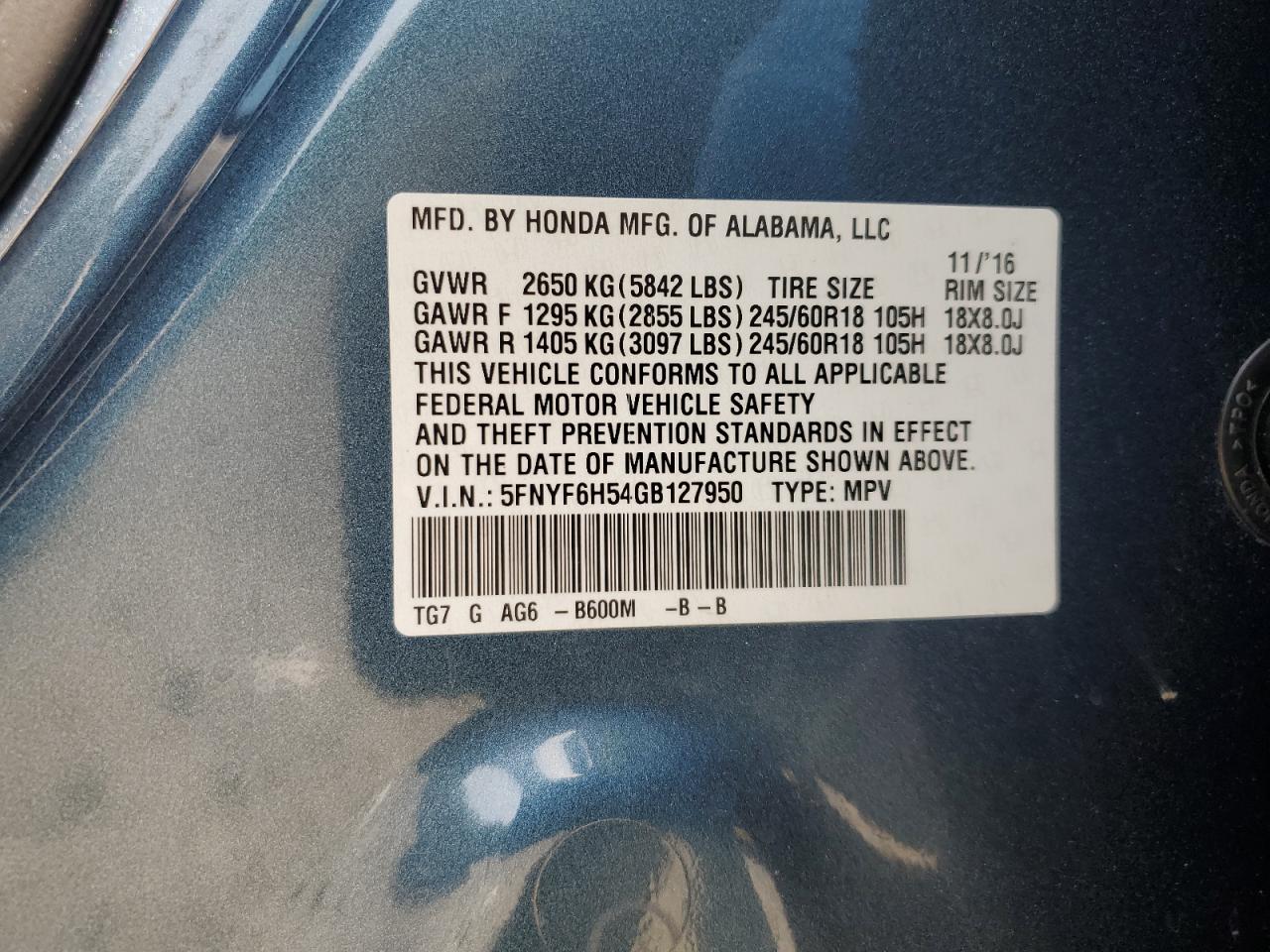 2016 Honda Pilot Exl VIN: 5FNYF6H54GB127950 Lot: 64004204