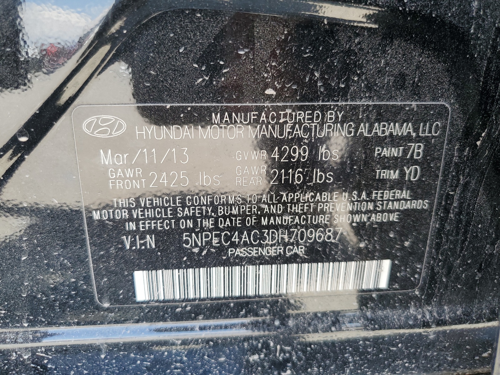 5NPEC4AC3DH709687 2013 Hyundai Sonata Se