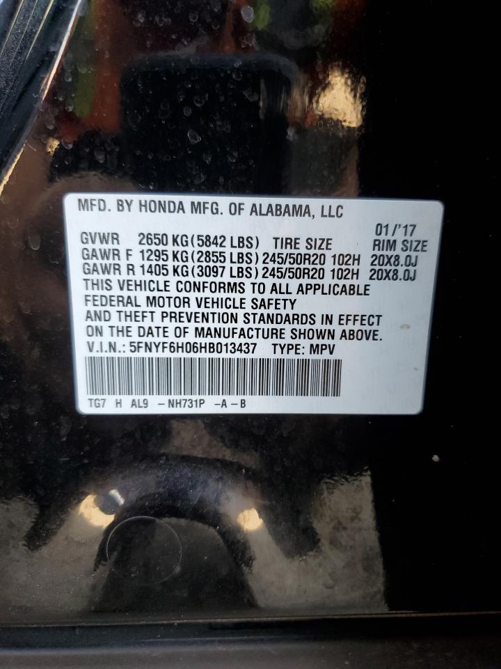 2017 Honda Pilot Elite VIN: 5FNYF6H06HB013437 Lot: 64476334