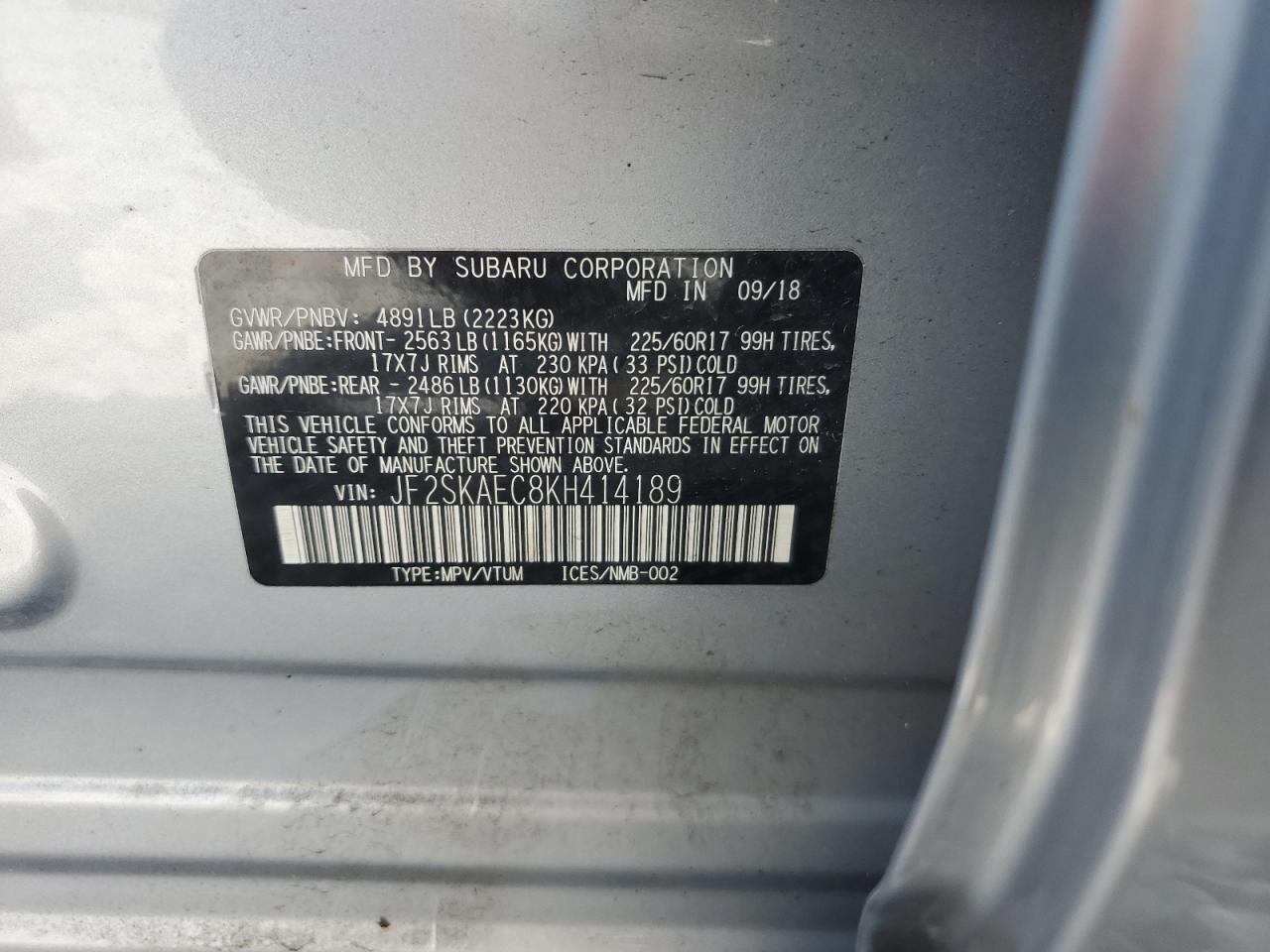 2019 Subaru Forester Premium VIN: JF2SKAEC8KH414189 Lot: 61687474