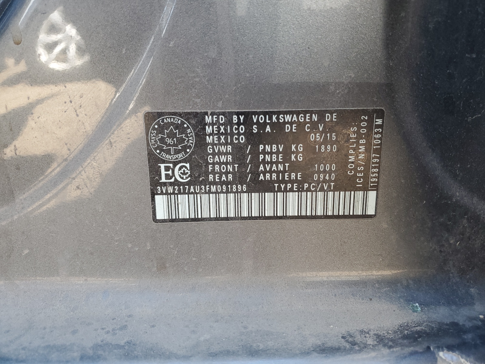 3VW217AU3FM091896 2015 Volkswagen Golf