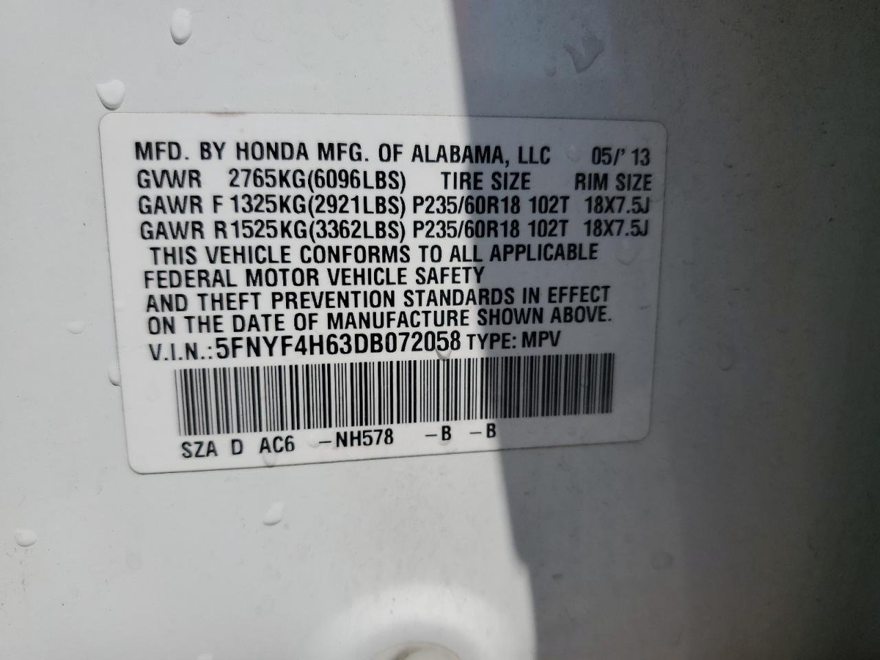 5FNYF4H63DB072058 2013 Honda Pilot Exl