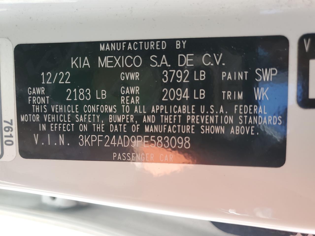 2023 Kia Forte Lx VIN: 3KPF24AD9PE583098 Lot: 64802724