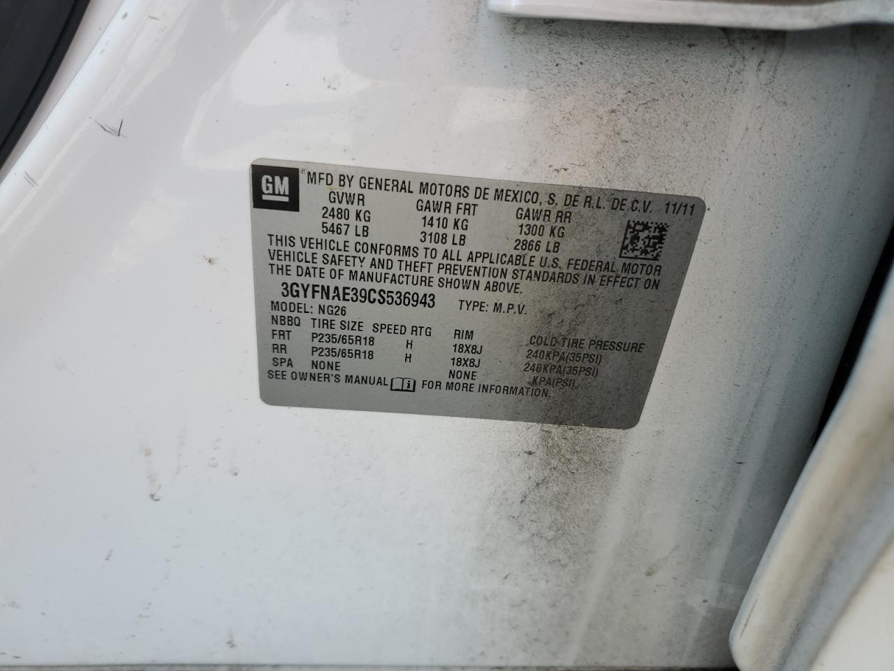 2012 Cadillac Srx Luxury Collection VIN: 3GYFNAE39CS536943 Lot: 62647674