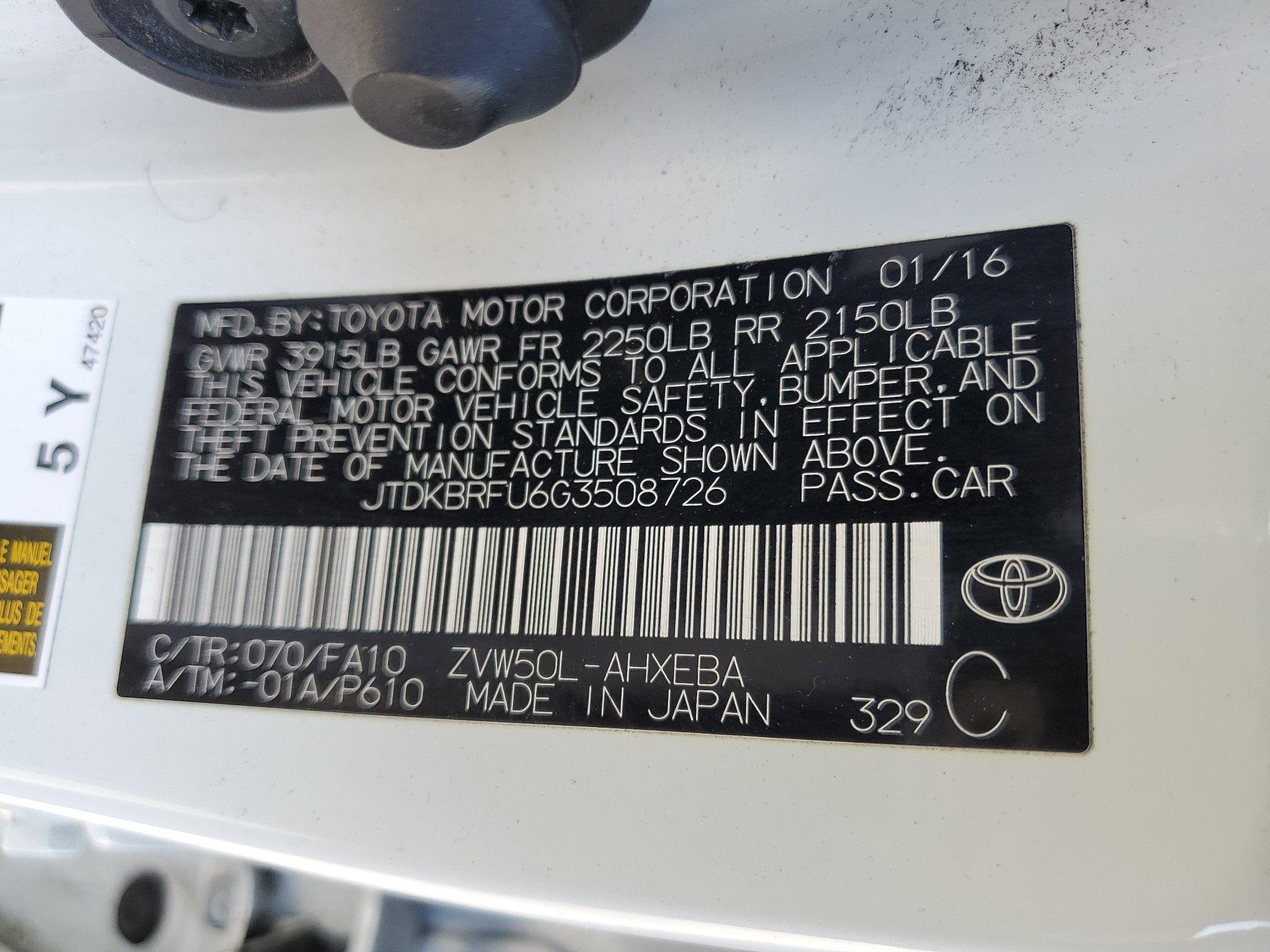 JTDKBRFU6G3508726 2016 Toyota Prius
