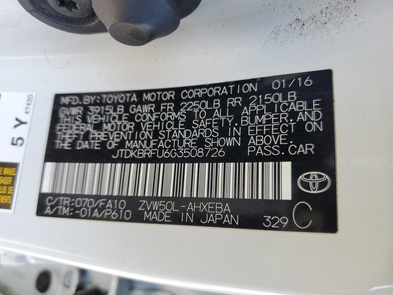 2016 Toyota Prius VIN: JTDKBRFU6G3508726 Lot: 64499534