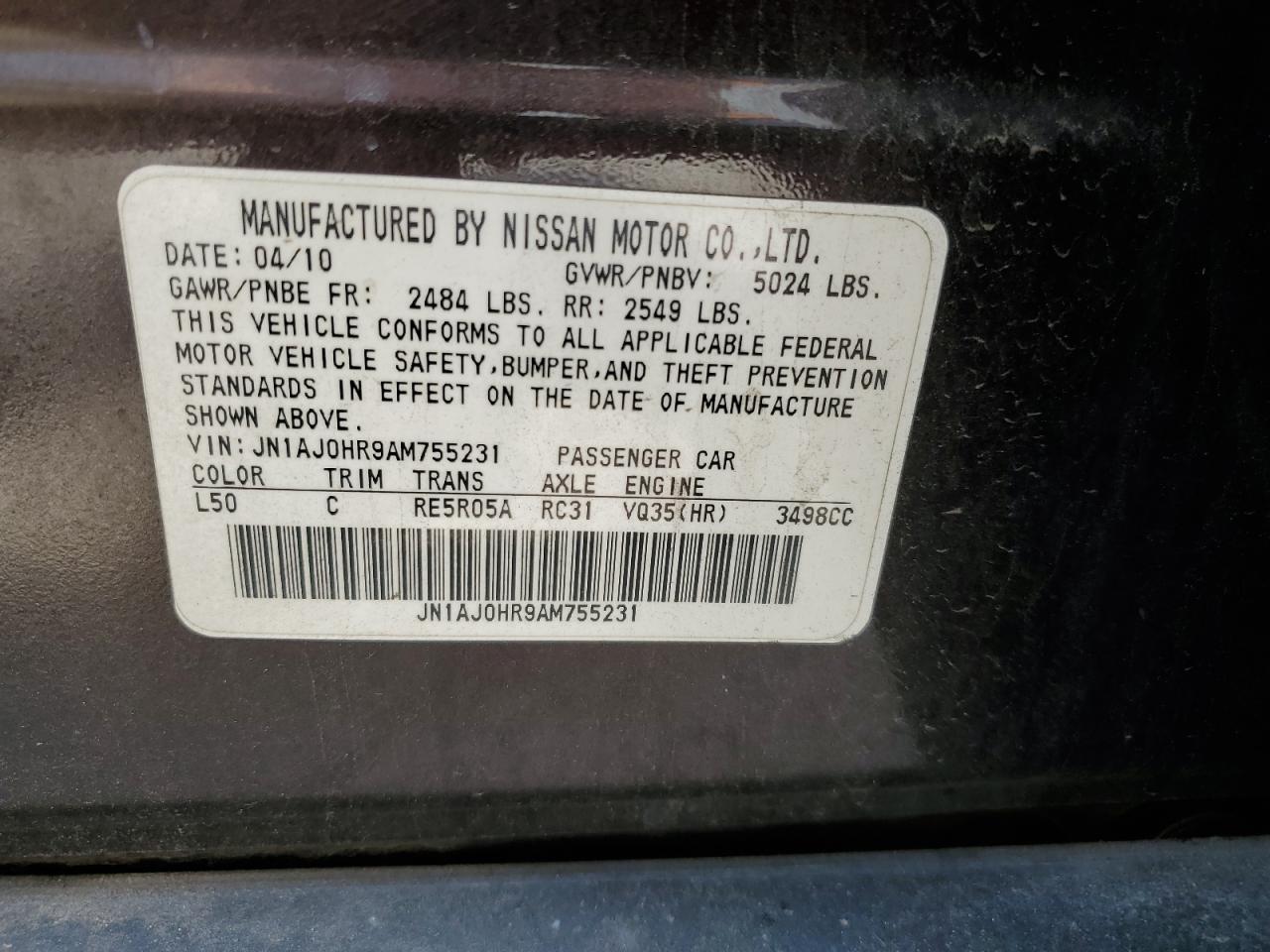 2010 Infiniti Ex35 Base VIN: JN1AJ0HR9AM755231 Lot: 61838324