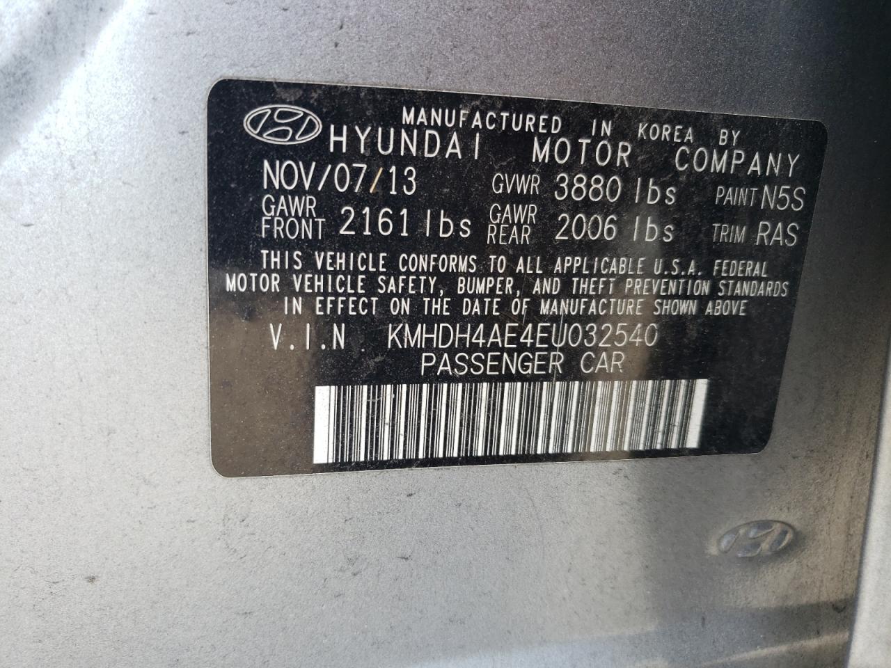 2014 Hyundai Elantra Se VIN: KMHDH4AE4EU032540 Lot: 64976734