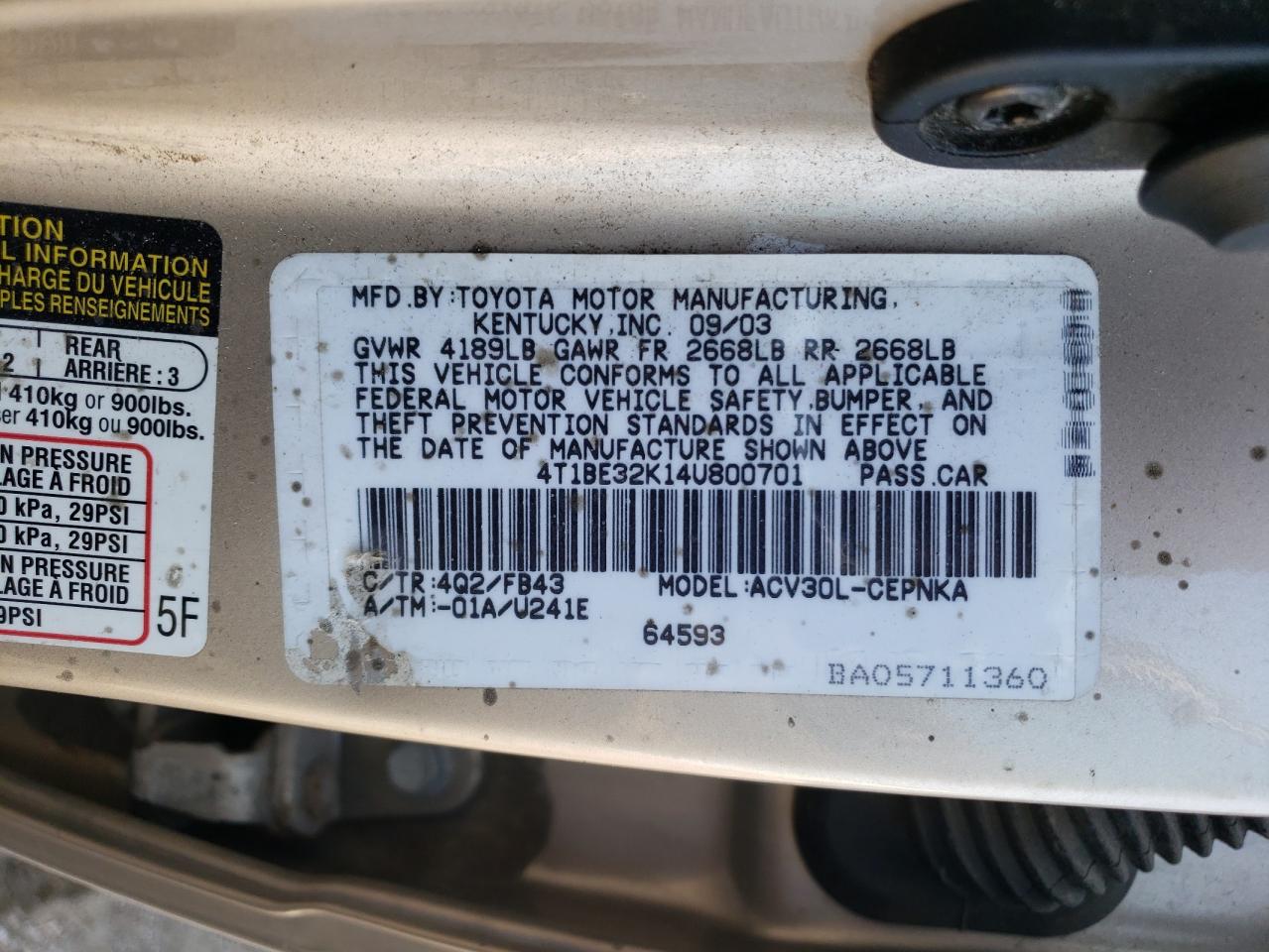 2004 Toyota Camry Le VIN: 4T1BE32K14U800701 Lot: 64799344