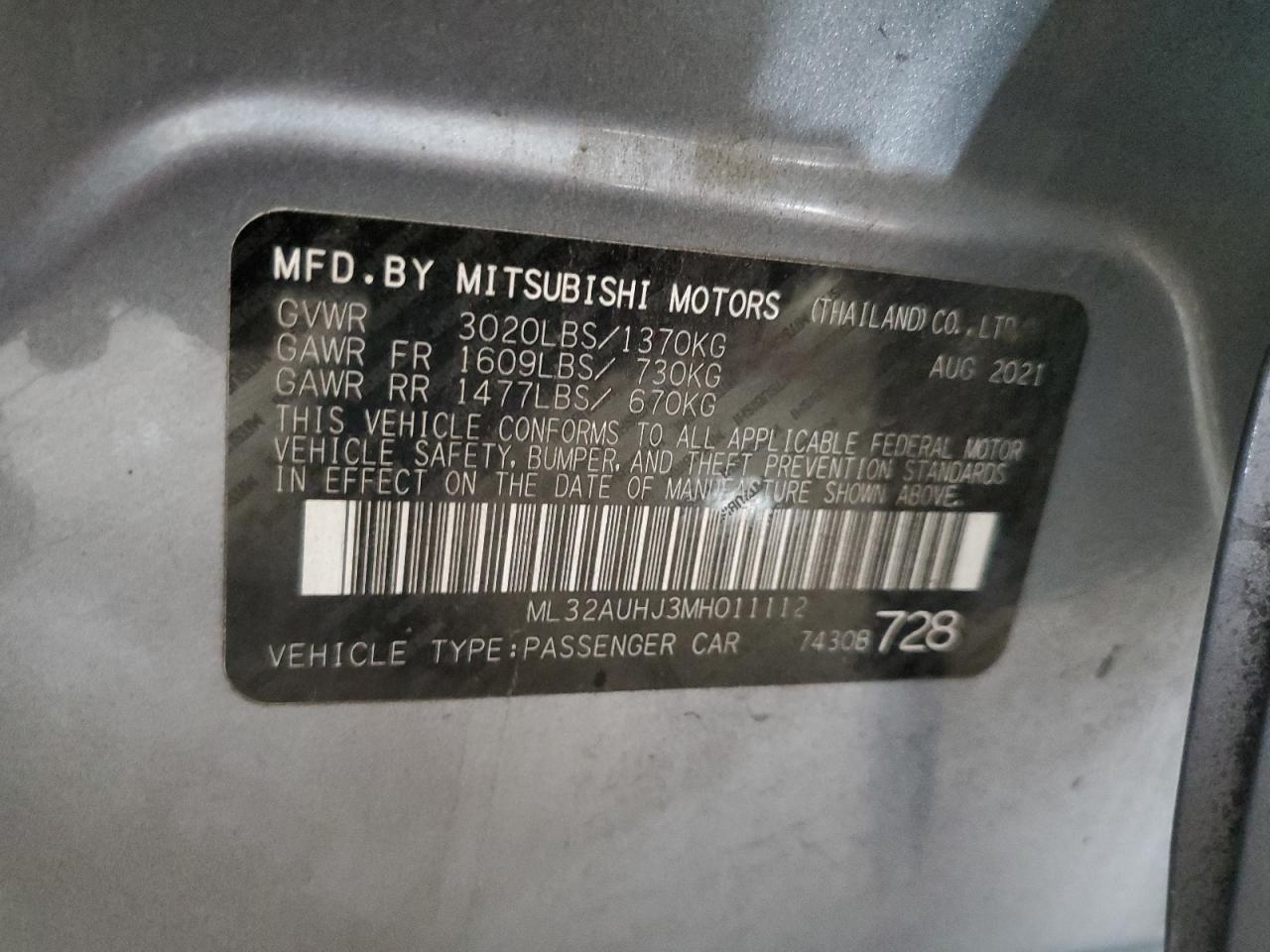 2021 Mitsubishi Mirage Es VIN: ML32AUHJ3MH011112 Lot: 65447994