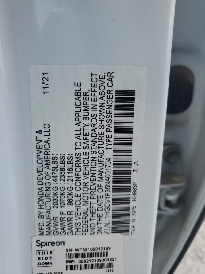 2022 Honda Accord Sport VIN: 1HGCV1F35NA001704 Lot: 64847254