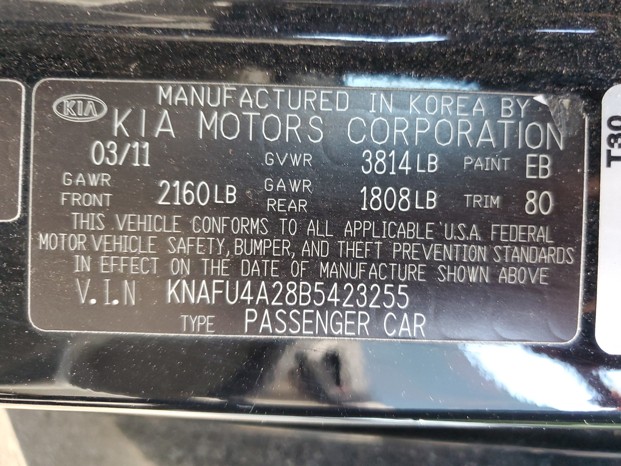 KNAFU4A28B5423255 2011 Kia Forte Ex